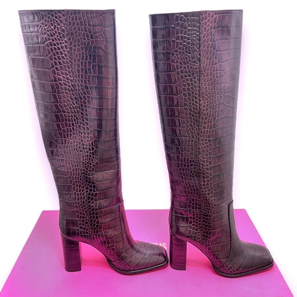PARIS TEXAS NWT Square-Toe Crocodile-Effect Leather Knee Boots in Burgundy 7.5 - Picture 5 of 13